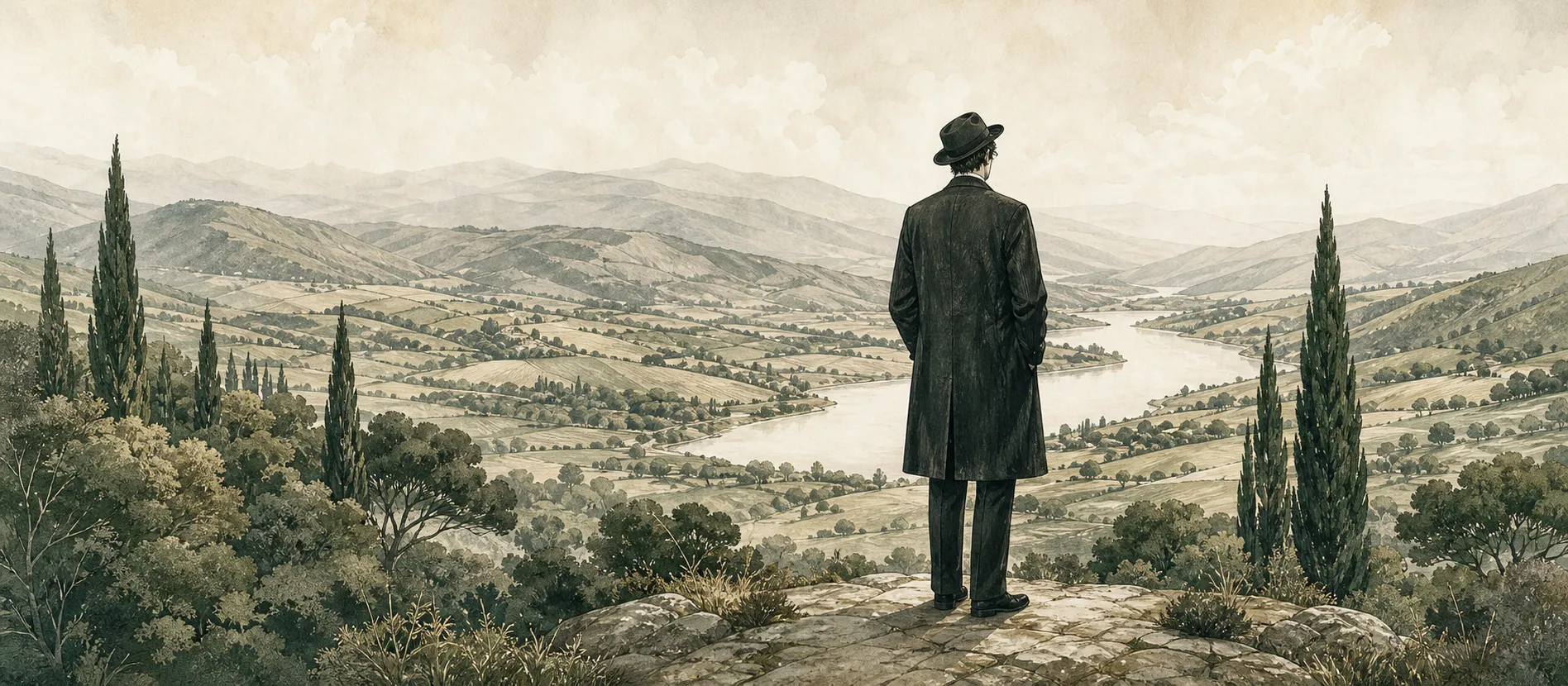 A solitary reader overlooking a quiet valley