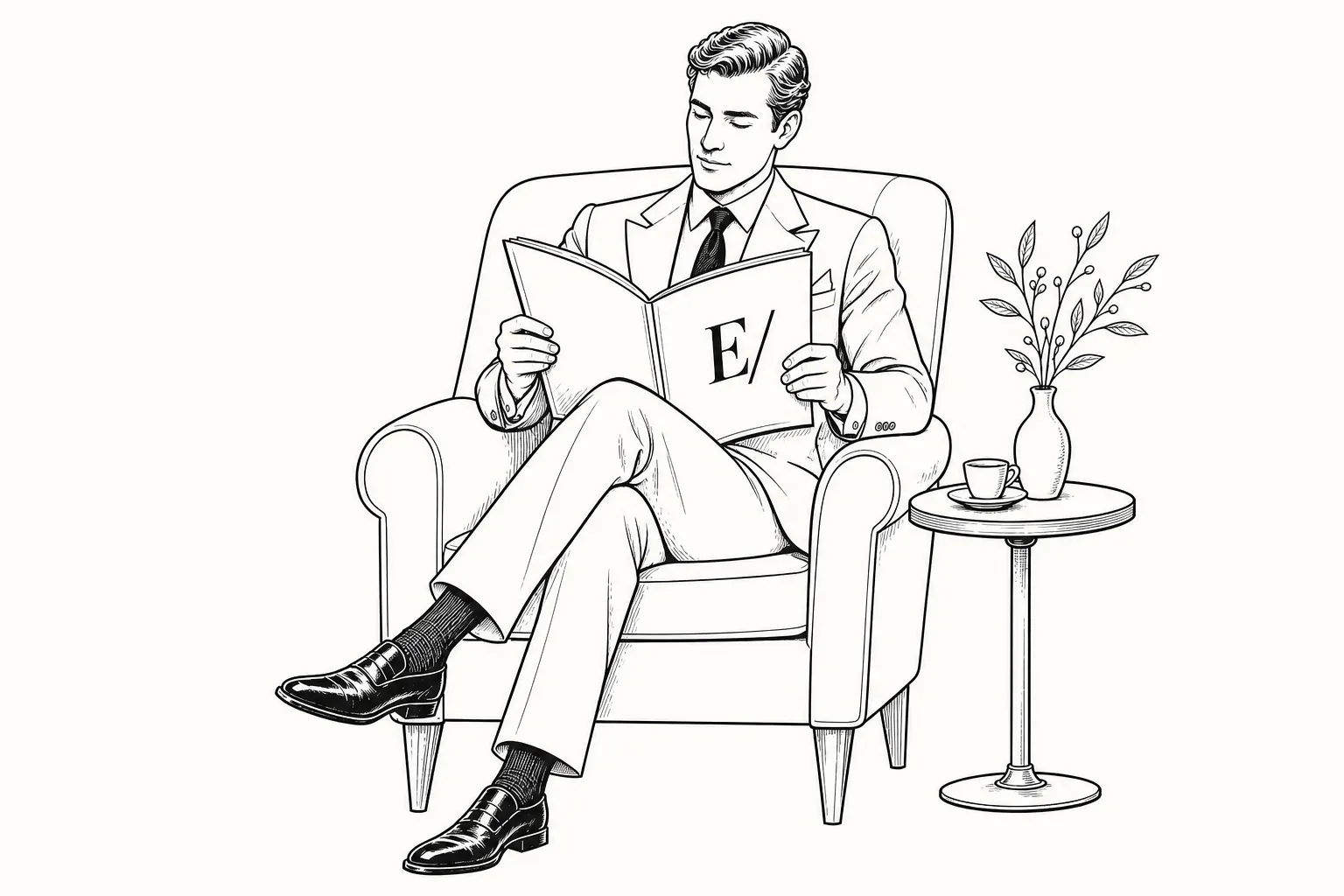 A man seated in an armchair reading E/CONSUMER beside a small table and vase
