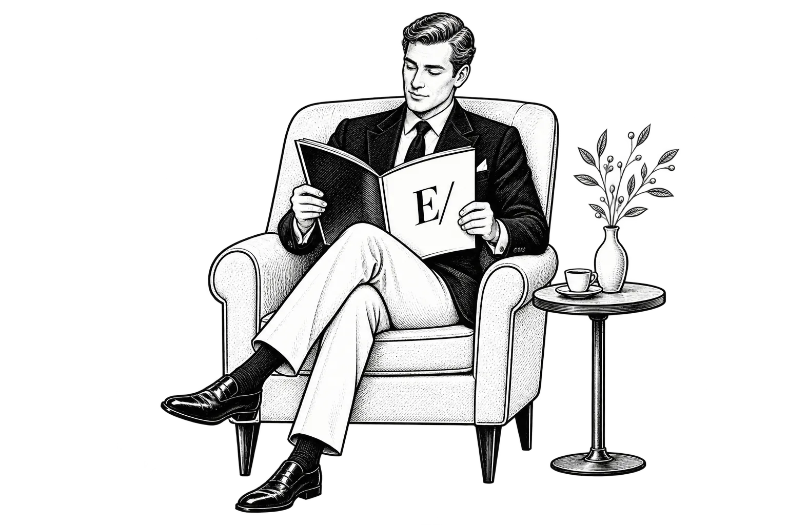 A man seated in an armchair reading E/CONSUMER beside a small table and vase