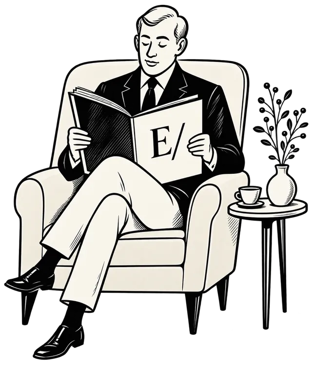 A man seated in an armchair reading E/CONSUMER beside a small table and vase